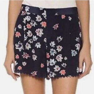 CLUB MONACO 100% silk navy and pink floral w scalloped hem summer shorts sz 12